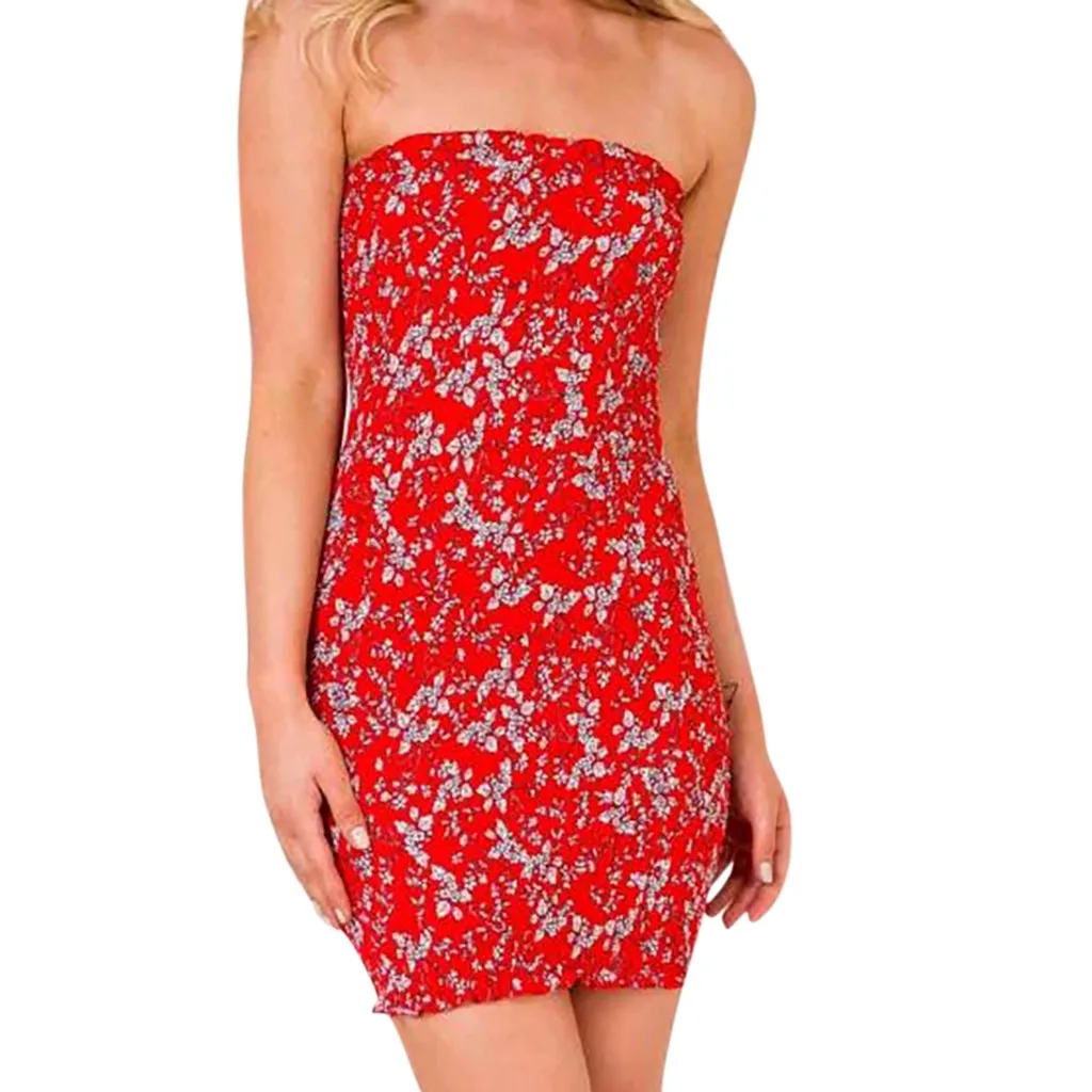 

FREE OSTRICH Women Dress Flower Sleeveless One word collar Slim fit Red Knee-Length Sweet Trend Elegant Summer Short Dress