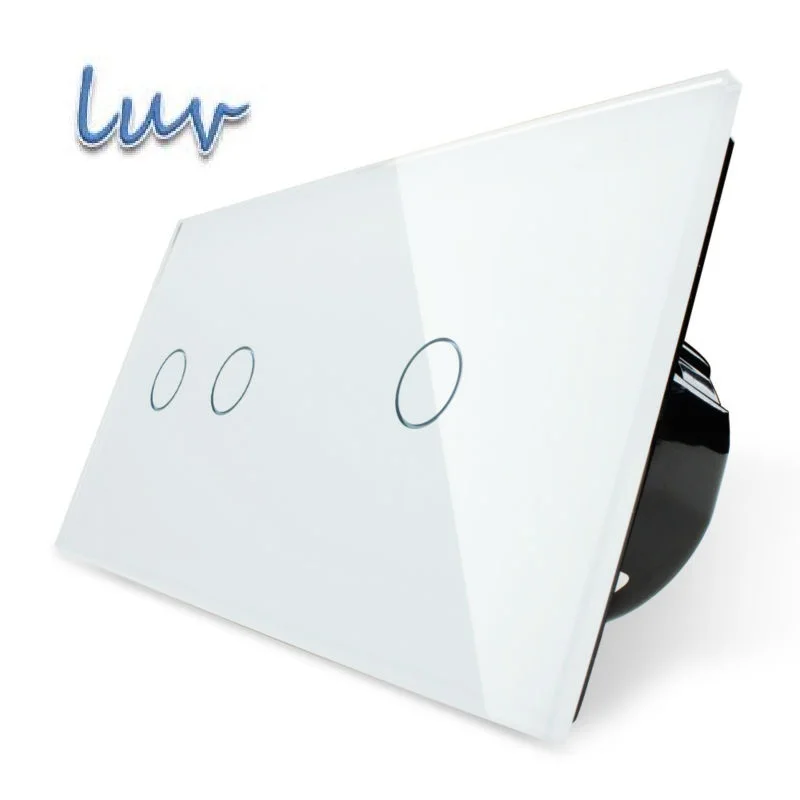 Touch Switch, 2Gang Left+1Gang Right White Crystal Glass Panel,Wall Light Switch+LED Indicator, VL-C702-11/VL-C701-11