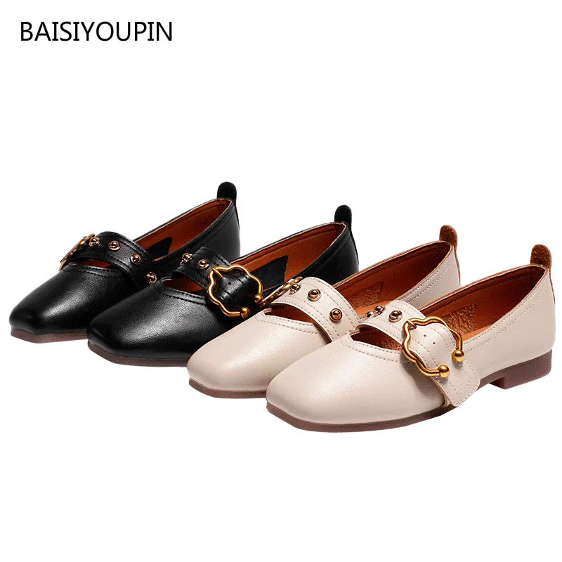 

35-44 Solid Casual Peas Single Women Shoes Sneaker Square Toe Buckle Strap PU Leather Slip On Flats Breathable Soft Female Shoes
