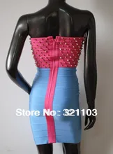2016 newest design strapless bandage dress in red and blue color with nail bodycon bandage dress DM717