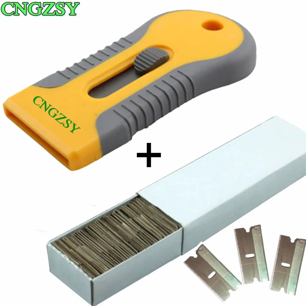  1pc Old Film Glue Removal Razor Scraper Spatula Cleaning Scraper + 100pcs carbon steel metal blades