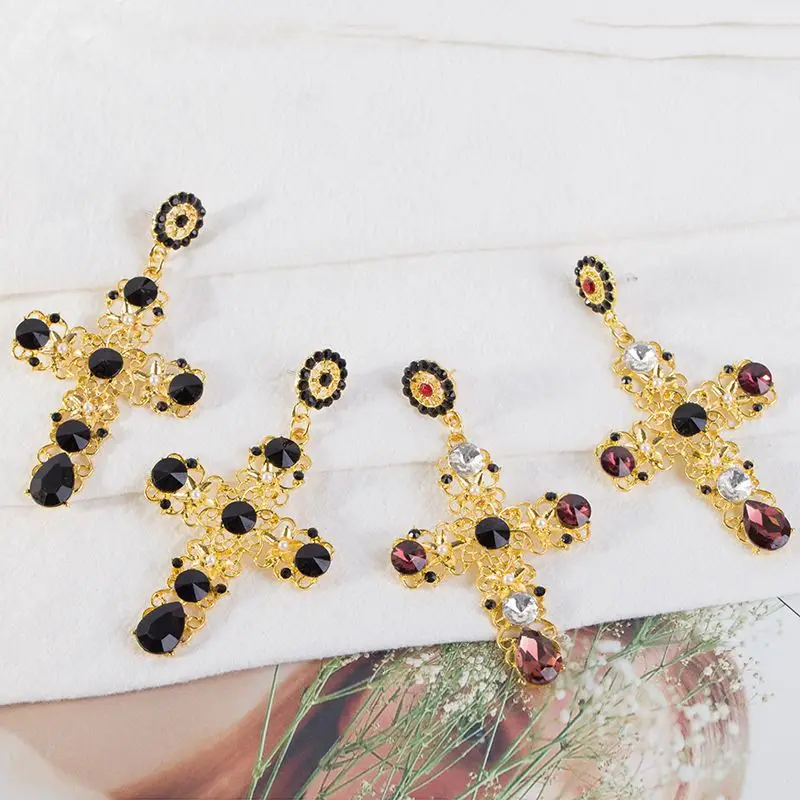 1 пара винтажных черных кристаллов крест Висячие серьги для женщин розовый барокко богемные большие длинные серьги Модные ювелирные изделия подарок