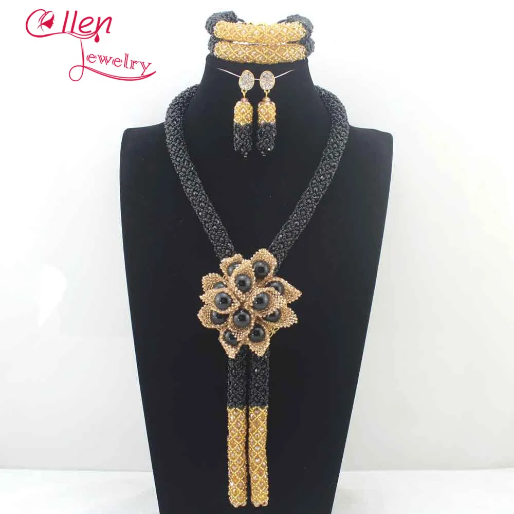 

Exclusive Long Black Gold African Wedding Beads Jewelry Set 2017 Indian Bridal Flower Statement Necklace Set Free Shipping N0102