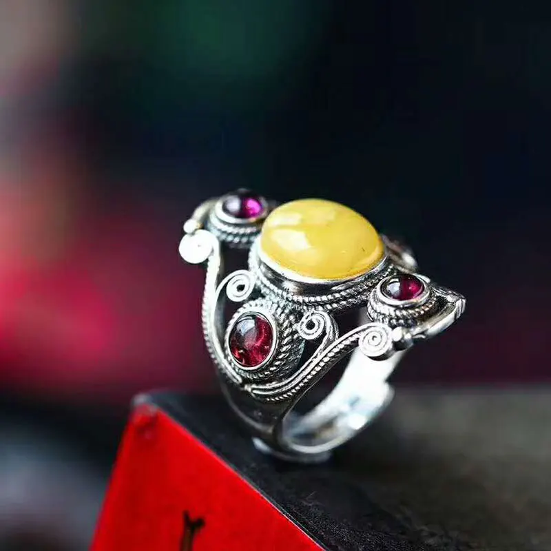 

RADHORSE 925 Silver Rings for Women Fine Jewelry Amber Garnet Tibet Style Sterling Silver Ring Adjustable Silver
