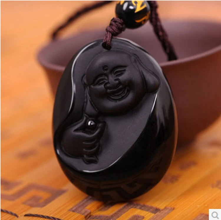 

Free shipping Natural obsidian rock Buddha carved pendant called the mascot bonanza 33.5*25*12MM