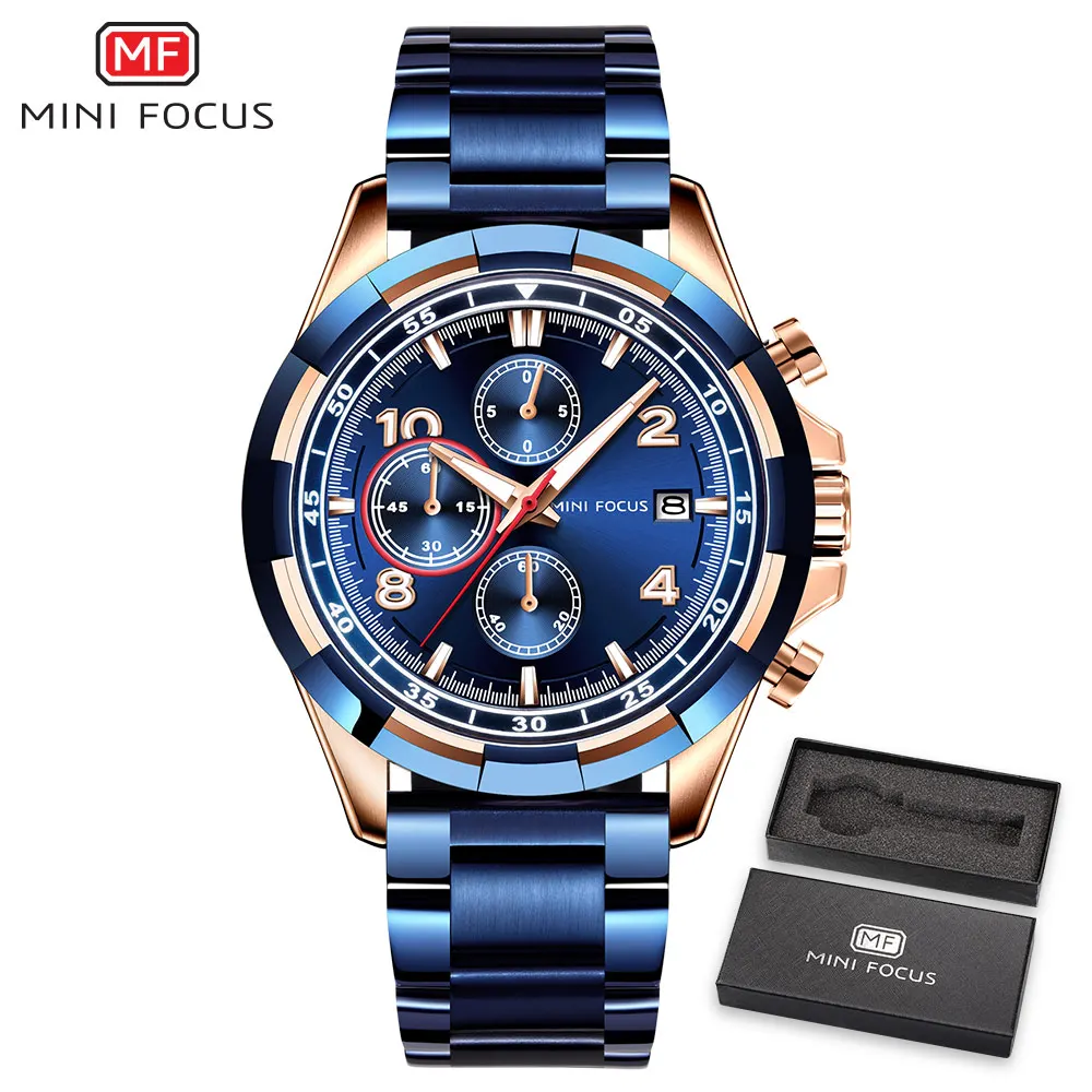 Лучший бренд, Роскошные Кварцевые часы MINIFOCUS, мужские золотые часы из нержавеющей стали, ремешок с календарем, циферблат,, горячая мода, водонепроницаемые наручные часы - Цвет: BLUE WITH BOX