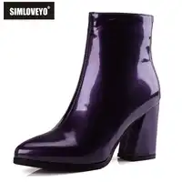 SIMLOVEYO Woman Ankle boots Block High heels Patent leather Glitter Pointed toe Zipper Silver Pure Catwalk Big size 43 A1480
