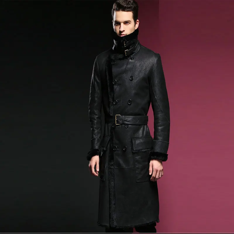 Длинная кожаная куртка воротник мандарина овчина пальто мужское куртка|men leather