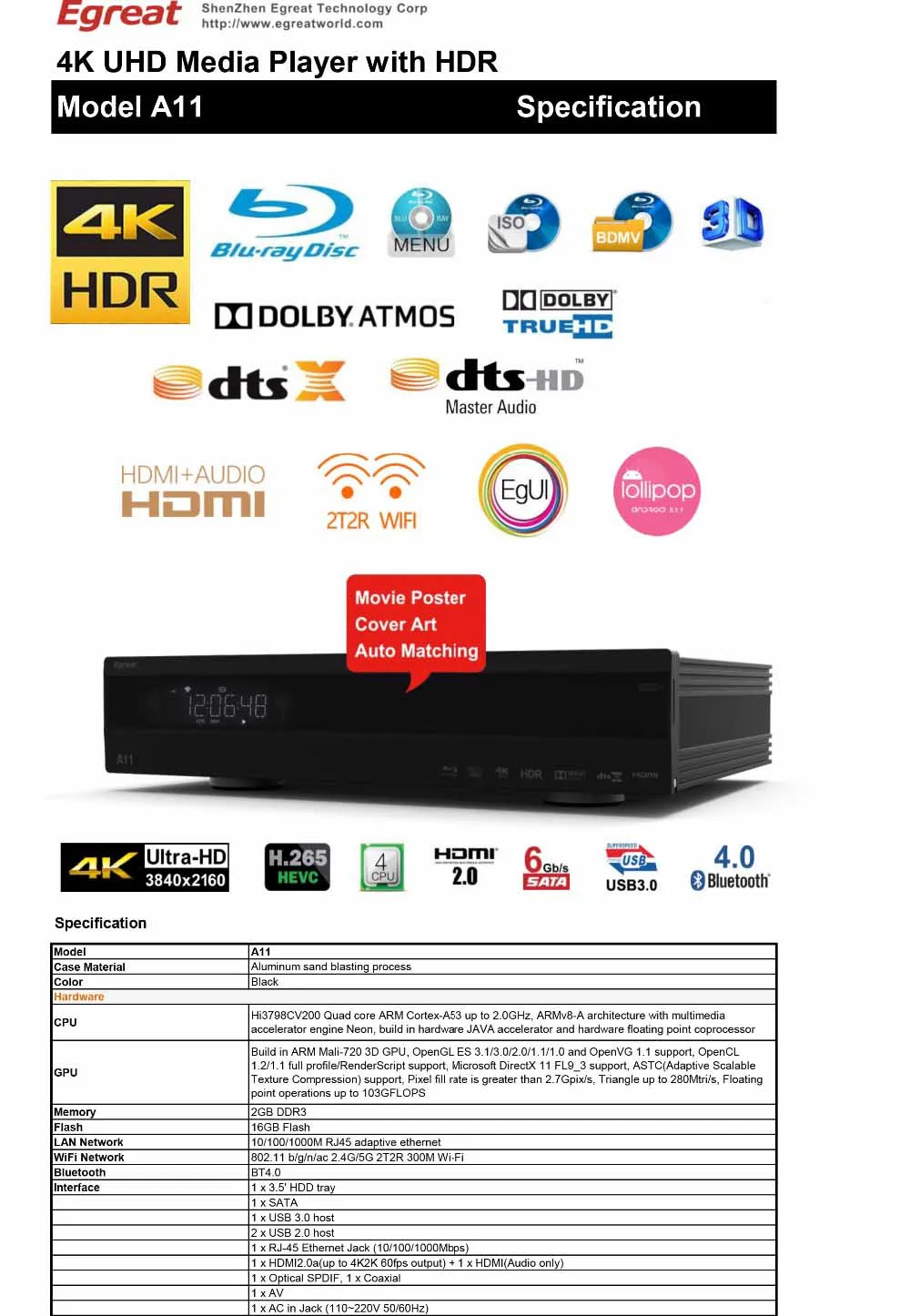 Новейший Egreat A11 4K UHD медиаплеер Hi3798CV200 2 Гб 16 Гб 2T2R wifi Gigabit LAN HDR10 Blu-Ray 3D Dolby Smart медиаплеер