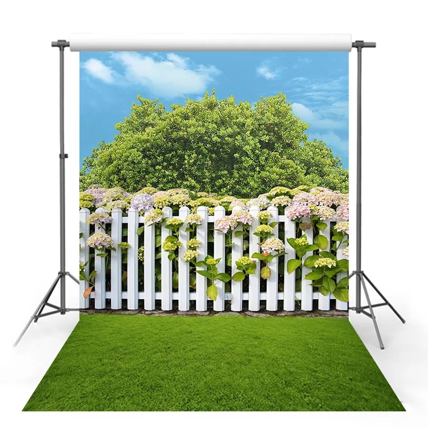 Vinyl Photography Backgrounds Spring Flowers Tree Lawn White Wooden Fence Scenery Decor Children Backdrop for Photo Studio | Электроника