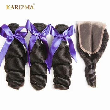 

Karizma malaysian hair bundles with closure middle part loose wave human hair 3 bundles with closure non remy hair extenisons