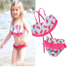 INS/купальник-бикини для маленьких девочек, детский купальный костюм с принтом арбуза, с открытыми плечами, купальный костюм из двух предметов, одежда для плавания для детей возрастом от 1 года до 6 лет