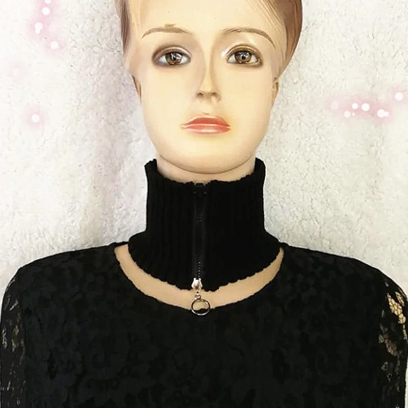 

Fashion Autumn Winter Female Wool Plaid Scarf Women Cashmere Scarves Wide Lattices Zipper collar high knitted wool fake collar