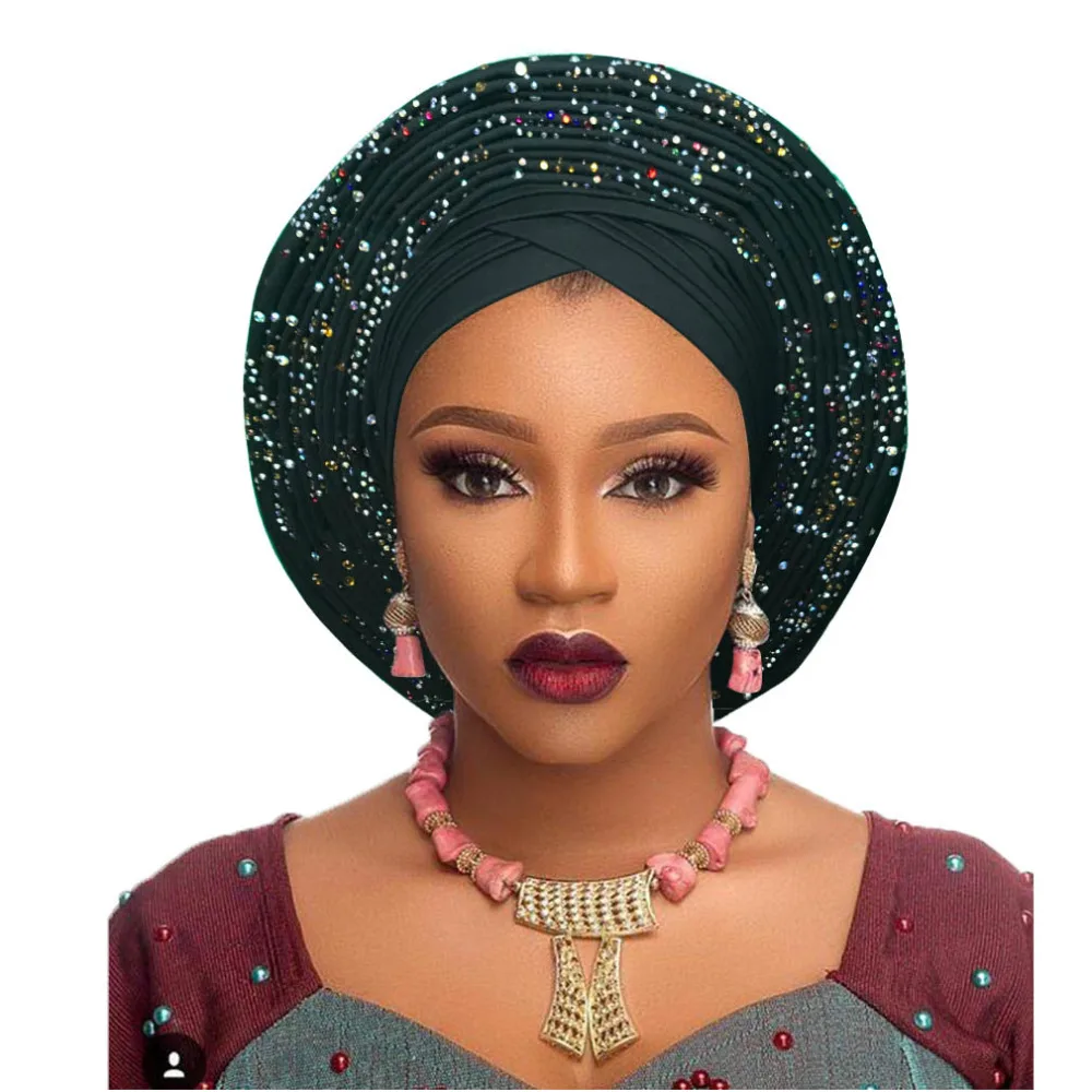 Nigerian african headtie aso oke headtie beautiful african turban headwraps pretty studded auto gele african head wrap headband (1)