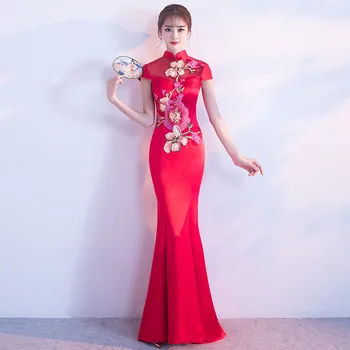 

New Vintage Cheongsam Red Qipao Long Traditional Chinese Dress Oriental Style Dresses China Clothing Embroidery vestido chino