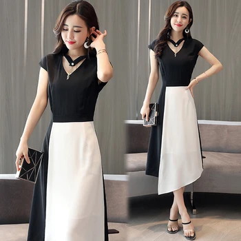 

Black And White Patchwork Summer Dress Irregular Split Dress Elegant Fashion Sweet Midi Dress Temperament Vestido De Festa
