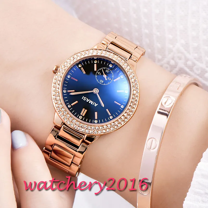 

relogio feminino New fashion 32.4mm AIMASI blue white dial rose golden plated case Automatic movement Women's WristWatch