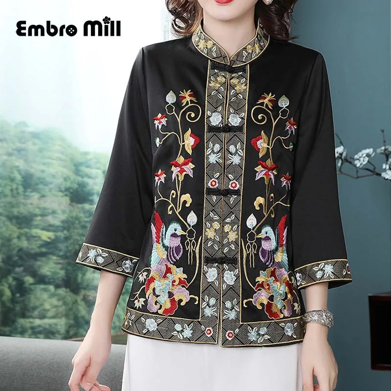 

Embro mill new Autumn women tops jacket Chinese style embroidery Loose Retro 2019 Standing collar elegant lady Jacket coat S-2XL