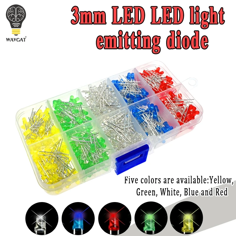 

Free Shipping 300PCS 500PCS 3mm 5mm LED Light White Yellow Red Green Blue Assorted Kit DIY LEDs Set 3V 20mA