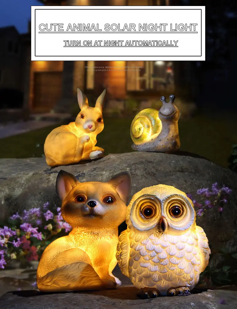 Creative Solar Auto Night Light Owl Snail Rabbit Resin Statue Indoor Outdoor Home Office Garden Party Decoration Ornament Gift