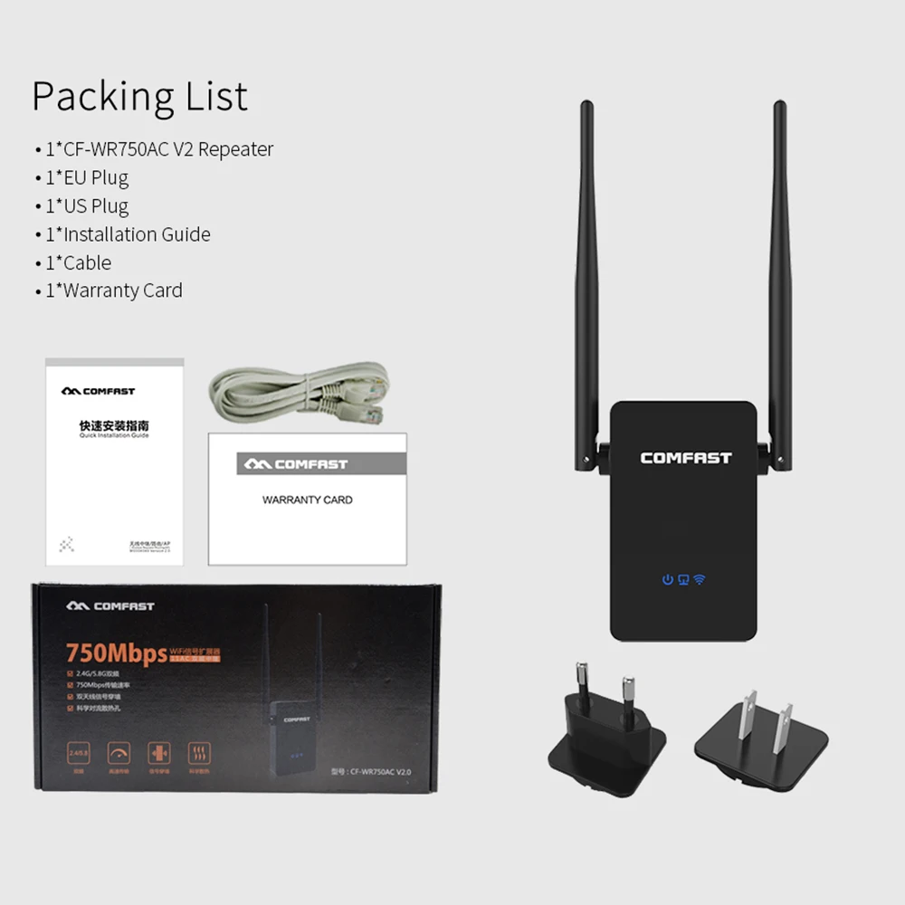 

Wireless Wifi Repeater 750 Mbps Dual Band 2.4/5.8G Range Expander Signal Amplifier Booster Extender Router Access Point