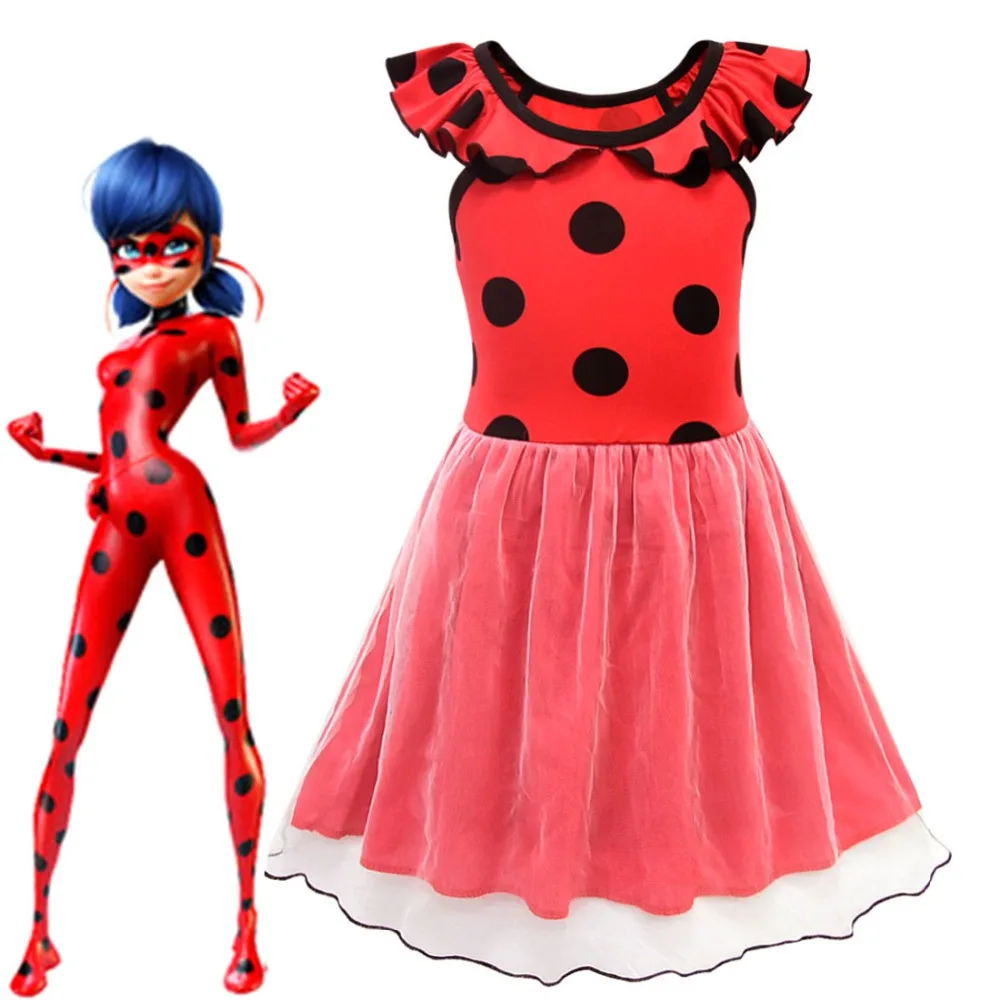 

2019 New Girls Ladybug Cosplay Costumes Kids Lady bug Onesies sleeveless Jumpsuits Children Dot Print red Long milk silk Dress