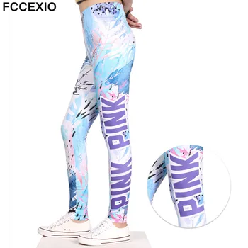 

FCCEXIO 2019 New Design Women Leggings Pink Letter Love Printed Leggins Fitness legging Sexy Slim High waist Woman Pink Pants
