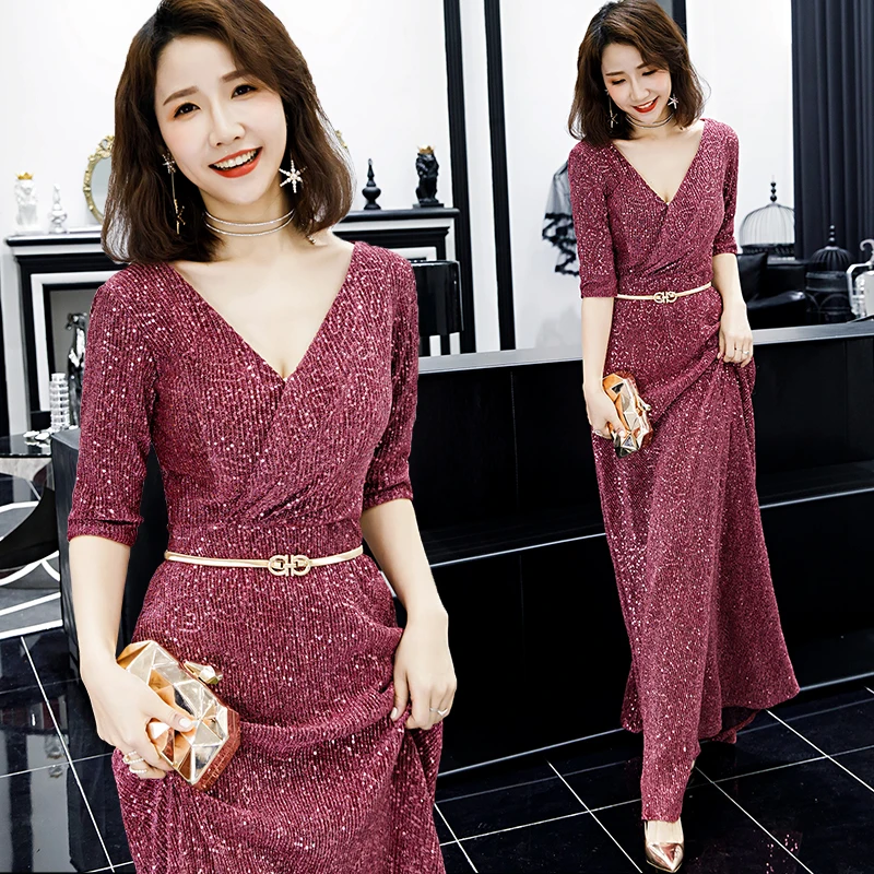 

Luxury Burgundy Sequin Evening Dress A Line V Neck Formal Prom Gowns 2019 New Women Occasion Dresses gaun malam