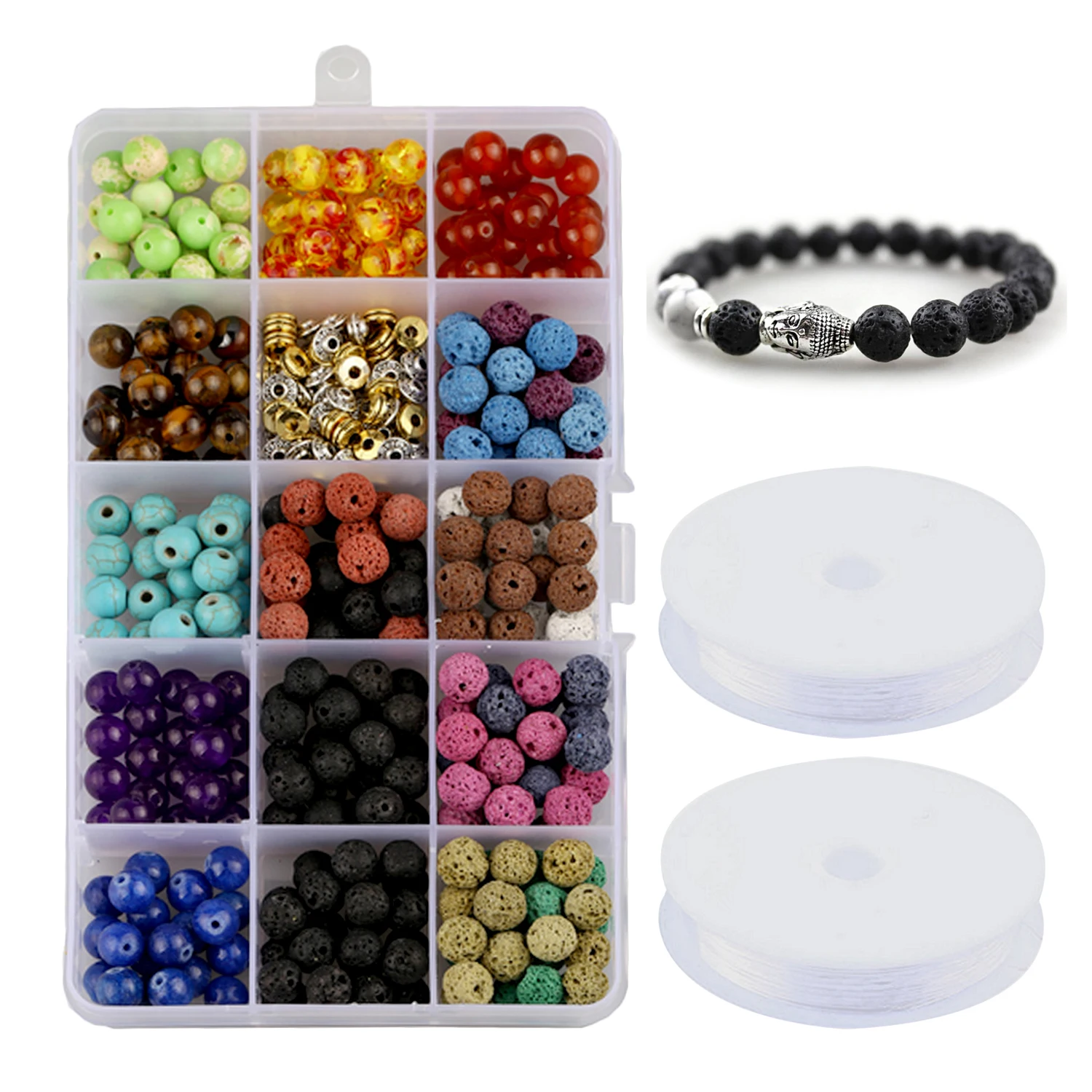 

388PCS Chakra Beads Lava Rock Stone Volcanic Loose Beads Set with 2 Roll Crystal String for DIY Bracelet Necklace Handmade Toys