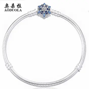 

AODUOLA 100% 925 Sterling Silver Basic Snake Chain Blue Rhinestone Snowflake Clasp Bracelet fit Charm DIY Luxury Jewelry STB70