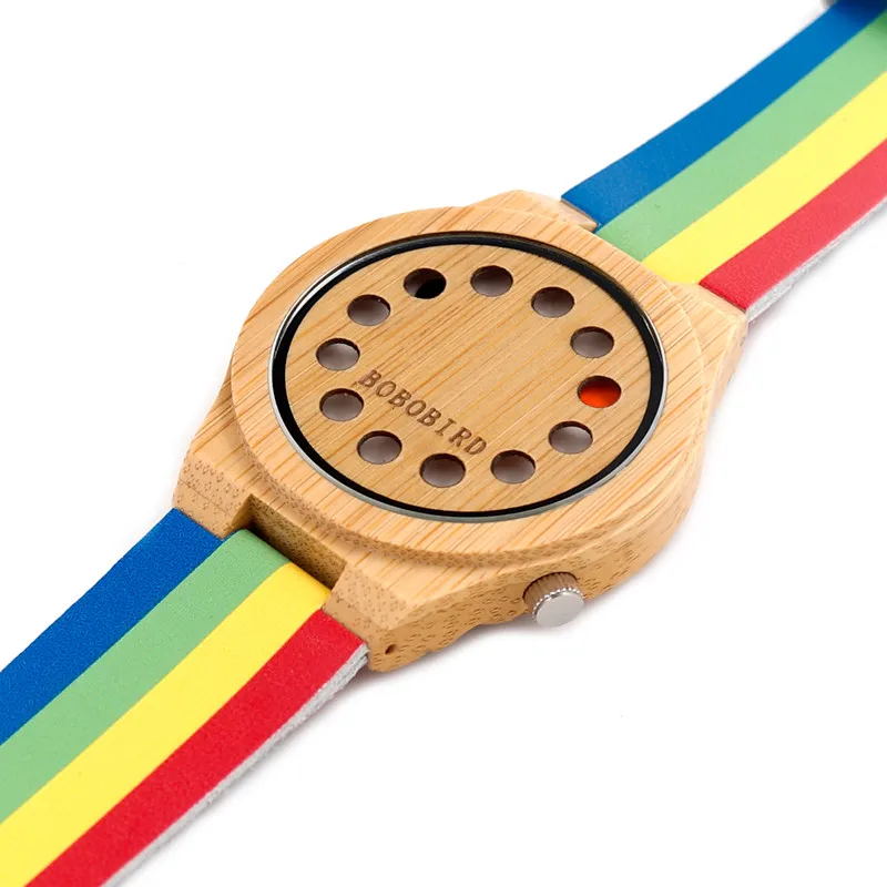 BOBO BIRD 12 Holes Design Mens Bamboo Wooden Quartz Wrist Watches with Colorful Band relogio masculino With Box Custom logo BOBO BIRD 12 Holes Design Mens Bamboo Wooden Quartz Wrist Watches with Colorful Band relogio masculino With Box Custom logo