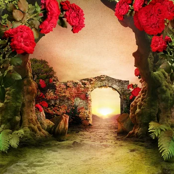 

Laeacco Photo Backdrop Fairytale Old Tree Moss Red Flower Stone Archdoor Child Portrait Photo Backgrounds Photocall Photo Studio