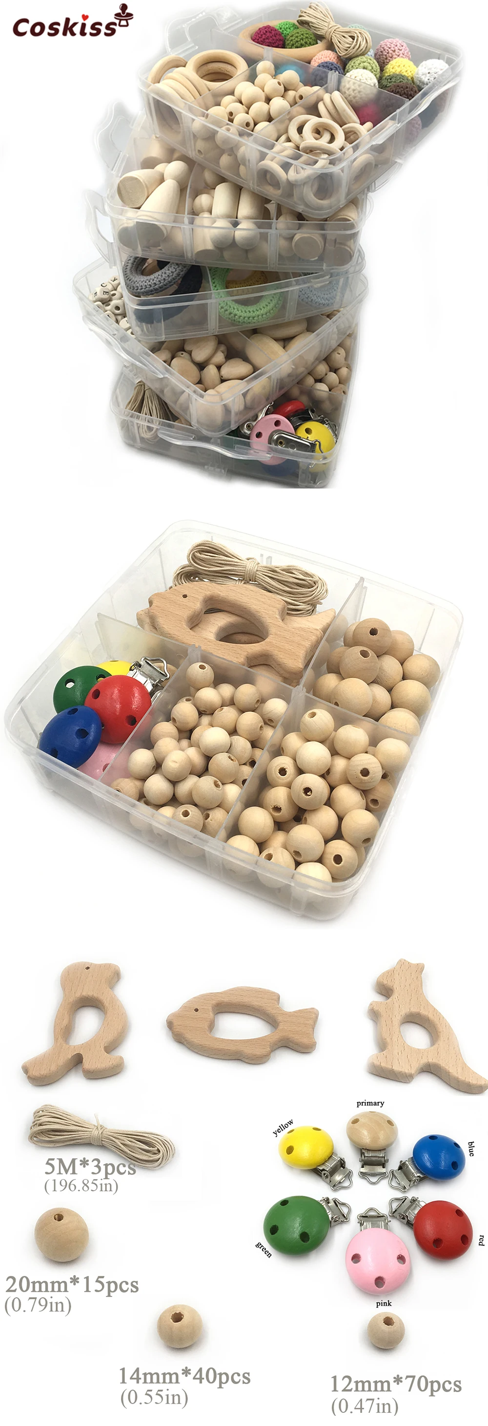 5 штук в упаковке, деревянные кольца для вязания крючком, деревянные колышки для кукол, смешанные цвета, вязанная Соска с бусами, клипсы, различные деревянные бусины, DIY, детские игрушки для прорезывателей