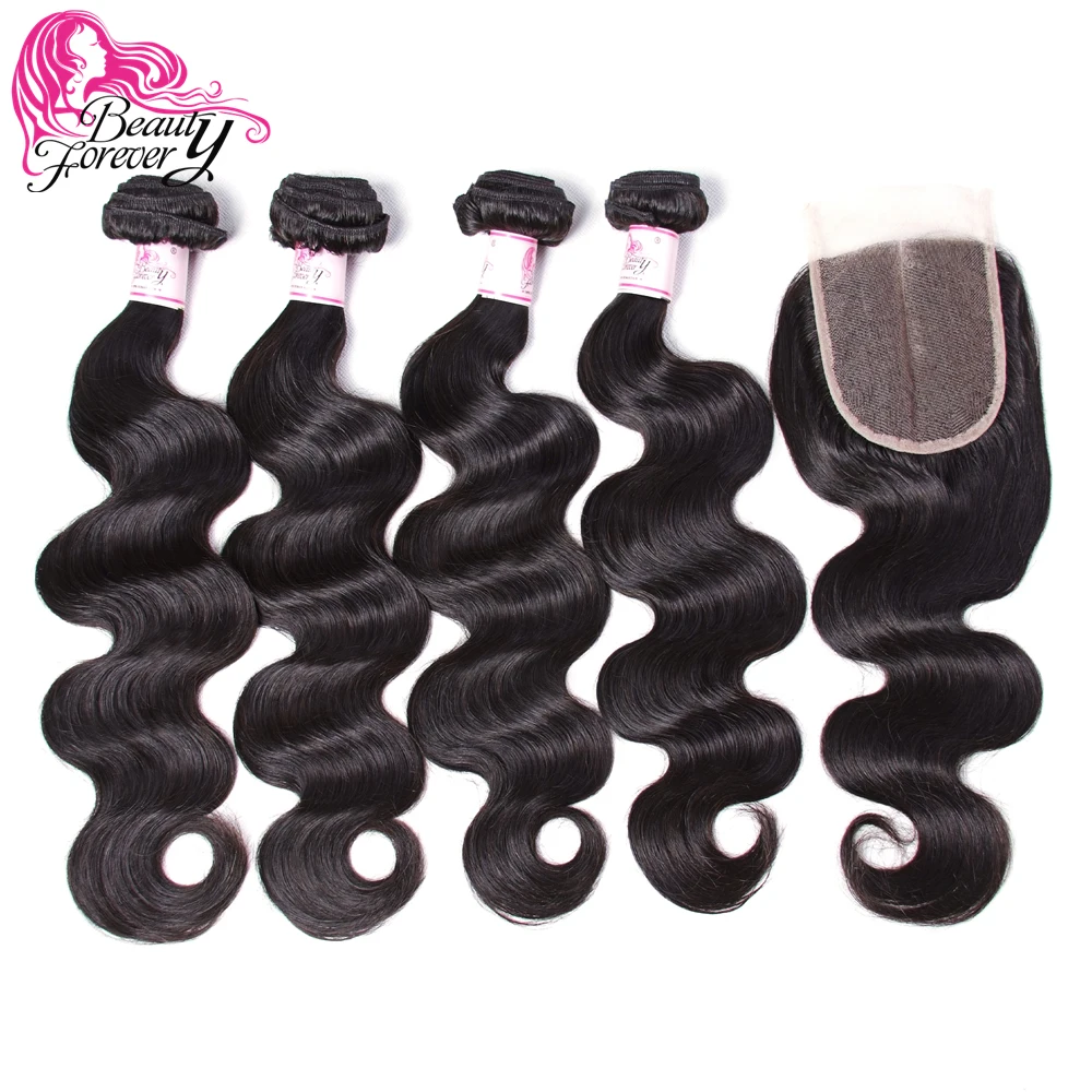 

Beauty Forever 4PCS Body Wave Peruvian Human Hair Weaves With Lace Closure 4*4 Freee/Middle/Three Part Remy Hair Extension