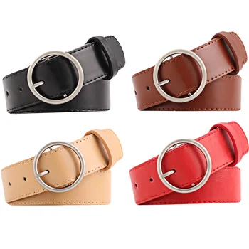 

Ladies Classic Round Metal Buckle Belt Faux Leather Jeans Women Casual Waistband BLTYN0316