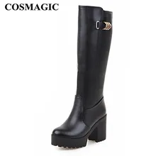 COSMAGIC Новое поступление Для женщин сапоги до колена модные рыцарские сапоги черный круглый носок на высоком каблуке короткие плюшевые ботинки с высоким голенищем