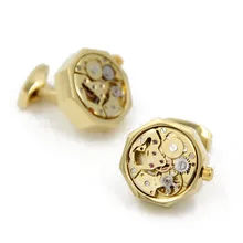Letpon Movable Watch Movement Cufflinks for mens polygon Gold color Steampunk Gear Watch Mechanism Cuff links Relojes gemelo