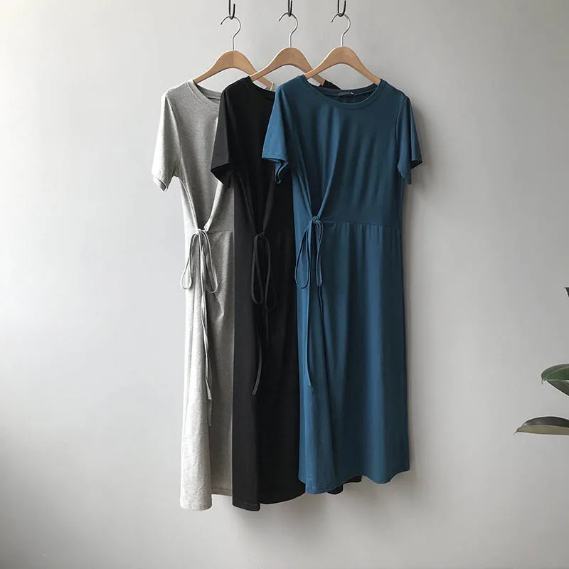 

Spring&Summer Harajuku T Shirt Dress Short Sleeve Belt Women Thin Long Solid Color Fit Cotton Gray Blue Pullovers Pull Dress