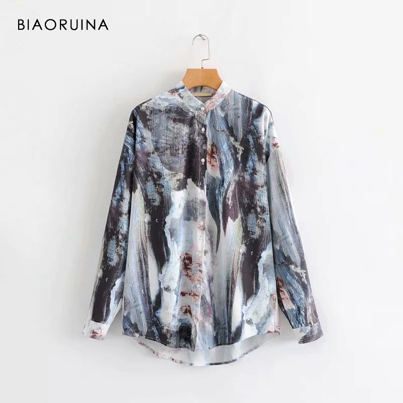 BIAORUINA, Женская винтажная рубашка с принтом, воротник-стойка, женская модная однобортная рубашка с длинным рукавом, женские шикарные топы