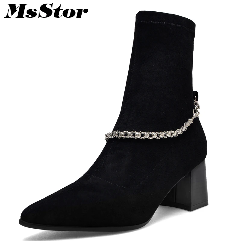 

MsStor Pointed Toe High Heel Boots Women Shoes Fashion Metal Chain Ankle Boots Shoes Woman Elegant Concise Women Boots Shoes