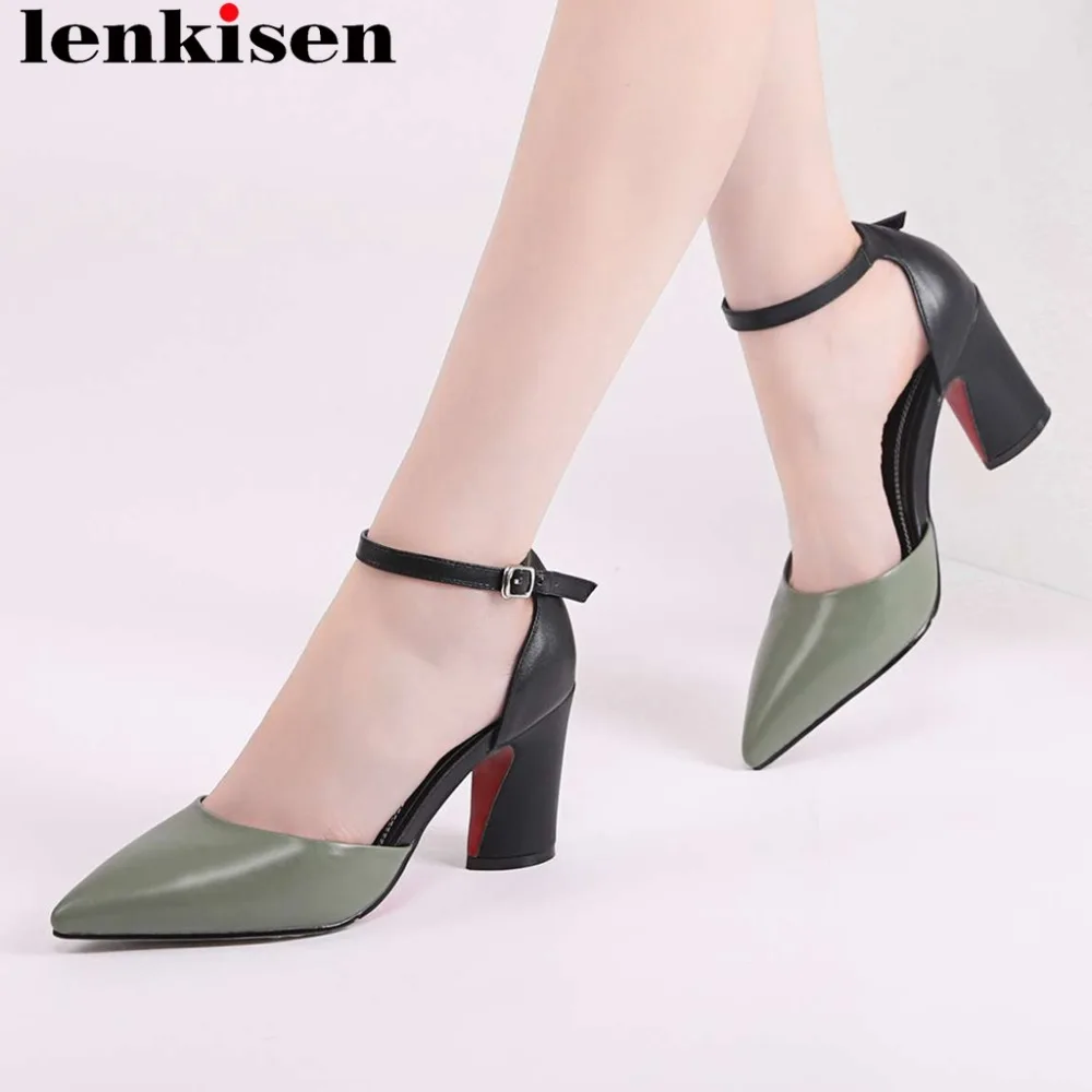 

Lenkisen cow leather mixed colors thick high heels buckle strap pointed toe women pumps hollow officer dress leisure shoes L09