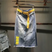 Новинка, весенне-Летняя женская джинсовая юбка с высокой талией, с разрезом сбоку, с надписью, Универсальная Женская Студенческая Повседневная Длинная джинсовая юбка