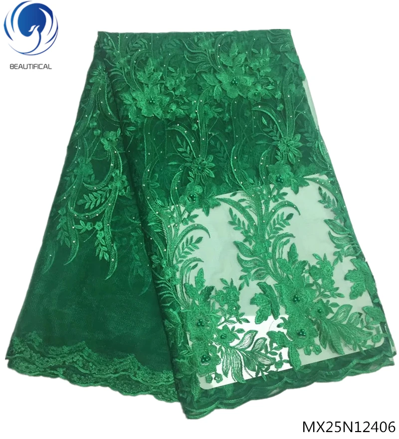

Beautifical beaded lace fabric tulle fabric lace high quality latest african lace green high quality newest for clothes MX25N124