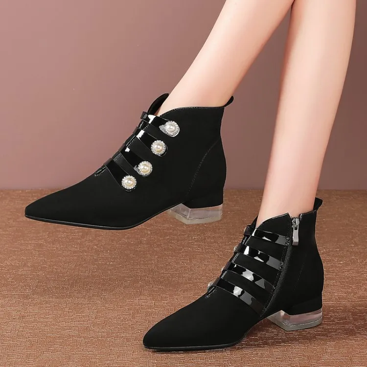 

MLJUESE 2020 women soft ankle boots Kid Suede black color zippers winter short plush high heel boots women boots size 43 party