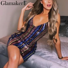 Glamaker, сексуальное короткое облегающее платье в полоску с блестками, женское летнее Мини-Платье С v-образным вырезом, элегантные женские модные вечерние клубные платья, vestidos