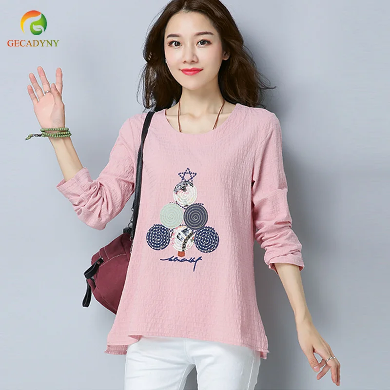 

Stitch Print Embroidery Tee Shirt 2019 New Arrival Spring Autumn Round Neck Woman Tops Long Sleeve Cotton Linen T Shirts M-3XL