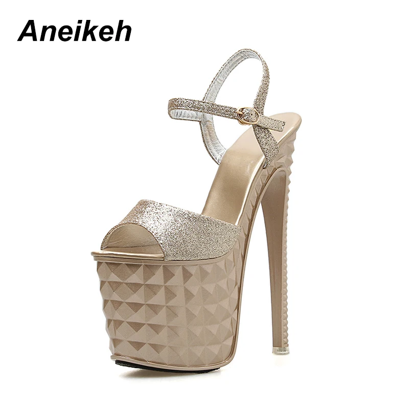 

Aneikeh 2019 Summer Fashion Sequined Cloth Ladies Sandals Sexy High Heels Open Toe Buckles Ultra-Fine High-Heel Party Shoes