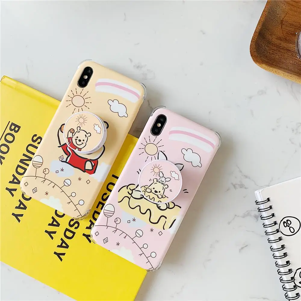 

KAIEN Folding bracket cute Winnie pooh piglet Fashion soft Mobile phone case for iPhone 6 6s 7 8 plus X XR XS MAX support cover