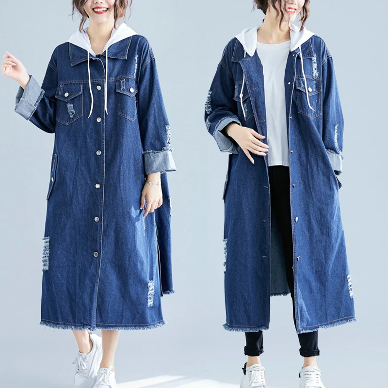 Female Denim Cardigan Hooded Trench Detachable Long Hoodie Denim Trench Coat Women's Windbreaker Large Size Ladies Clothes