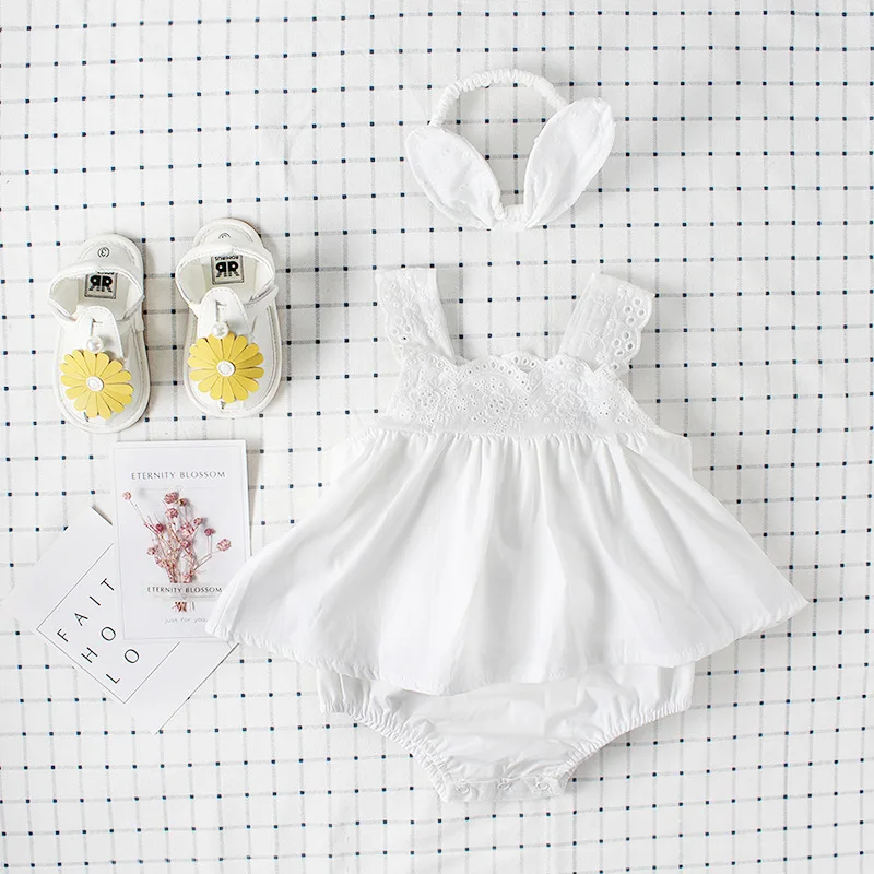white with headband Платье для новорожденных девочек детское Кружевное платье-комбинезон летние хлопковые платья для маленьких девочек от 1 года до 1 года, наряды на день рождения, детская одежда - Цвет: white with headband